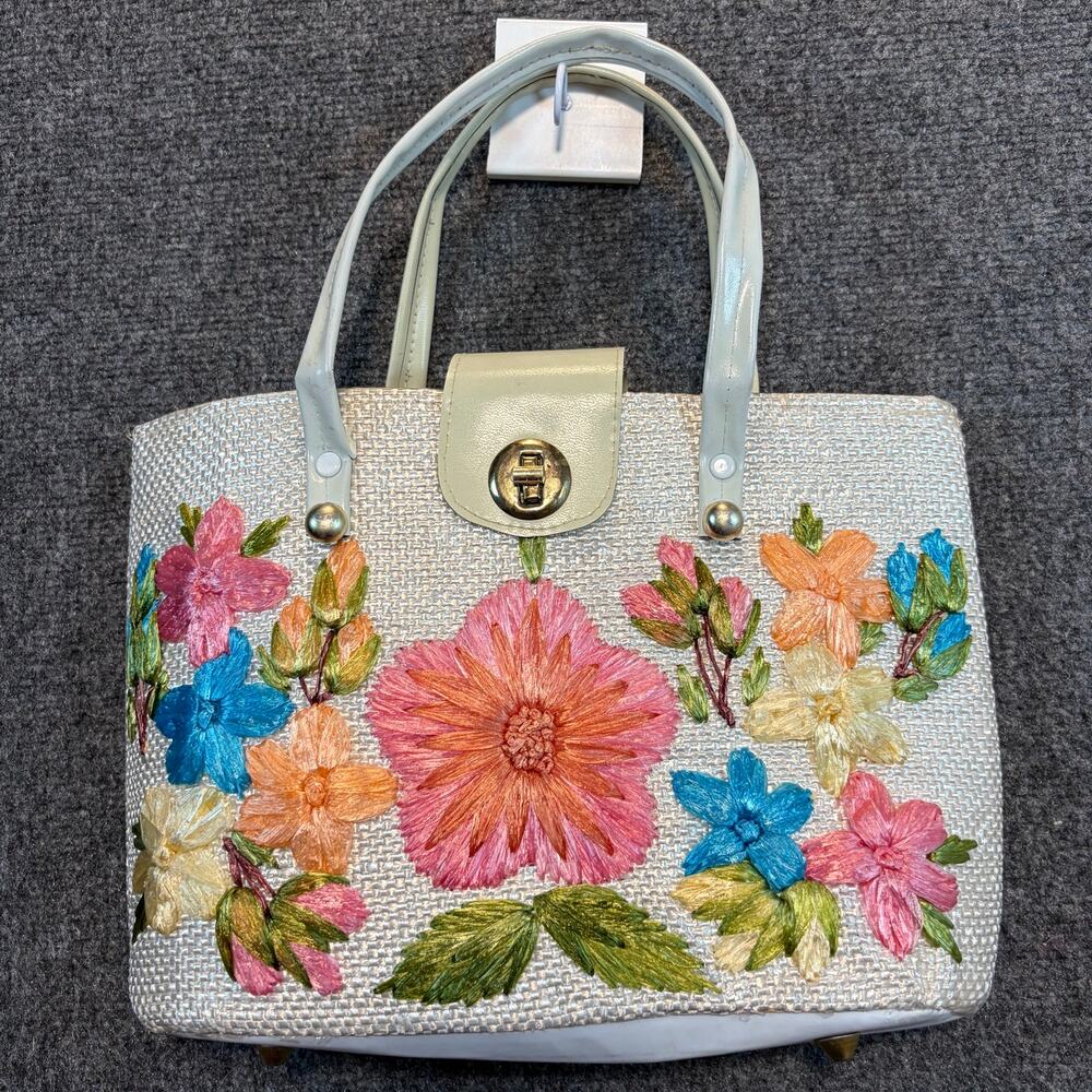Vintage Woven Straw Handbag Purse Embroidered Floral Colorful Summer Beach Tote